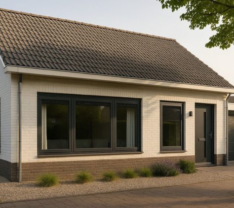 Wit bakstenen huis, zwart dak, moderne ramen.